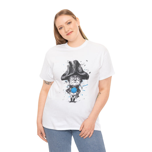 Person wearing a white t-shirt with a graphic design on a white background