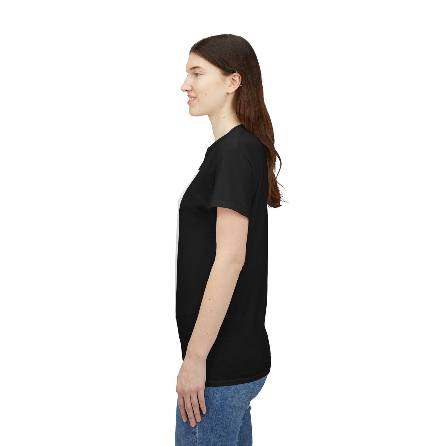 Woman wearing a black t-shirt and blue jeans on a white background