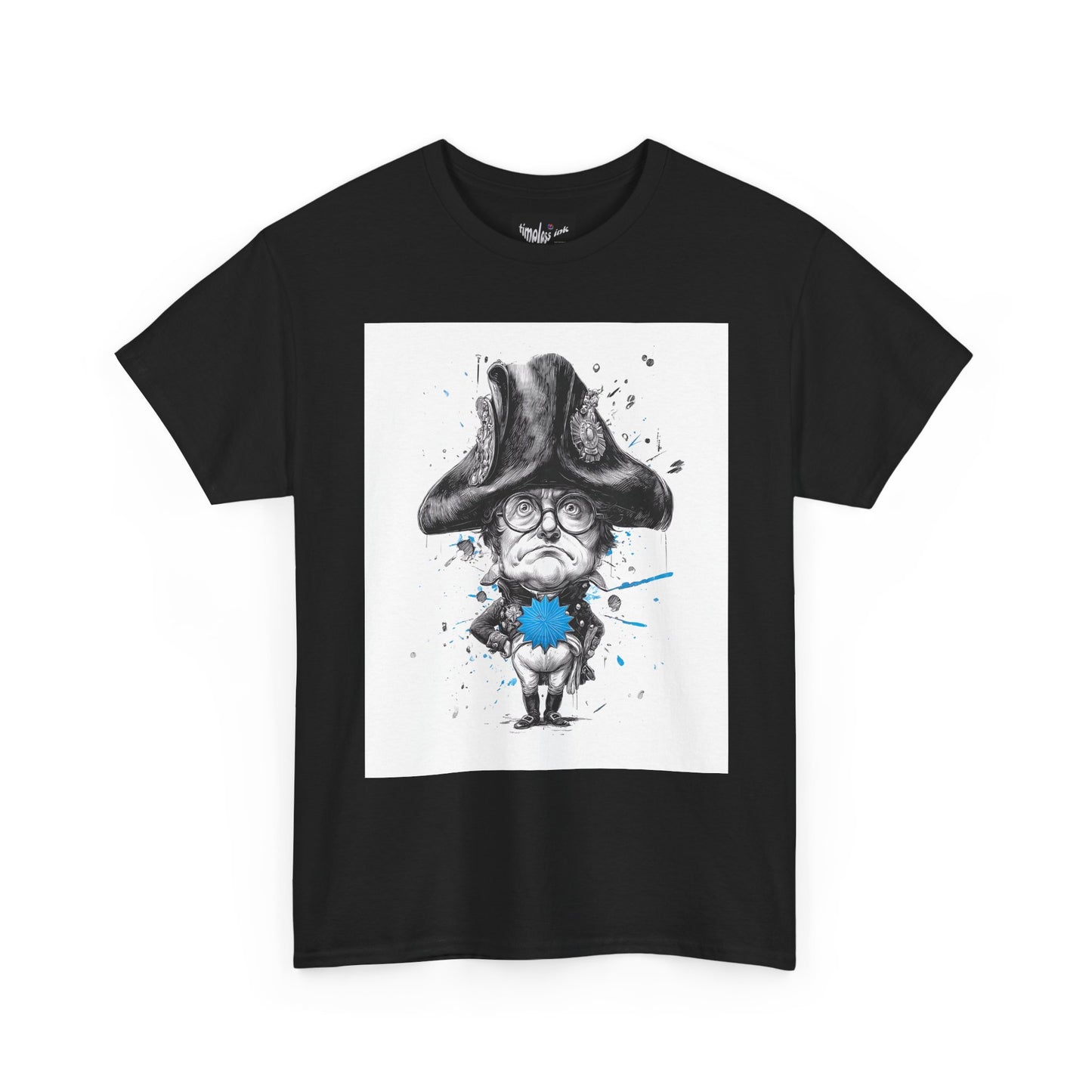 Black t-shirt with a graphic design of a character in a large hat and glasses on a white background