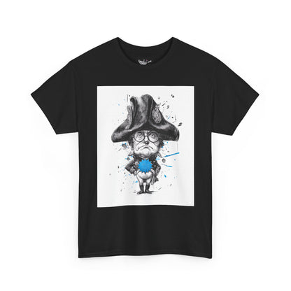 Black t-shirt with a graphic design of a character in a large hat and glasses on a white background