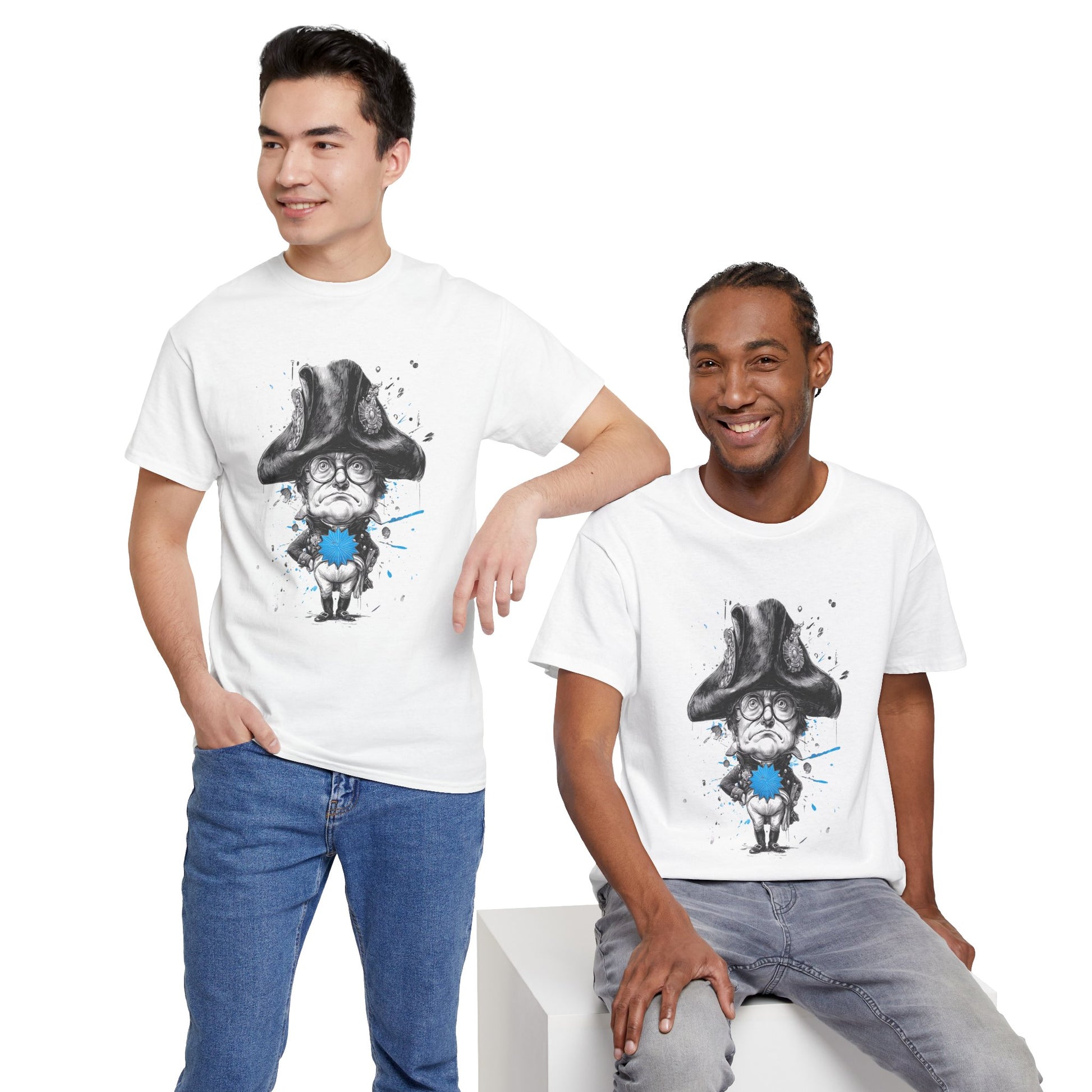 Two men wearing white t-shirts with a graphic design of a character in a hat and blue outfit.