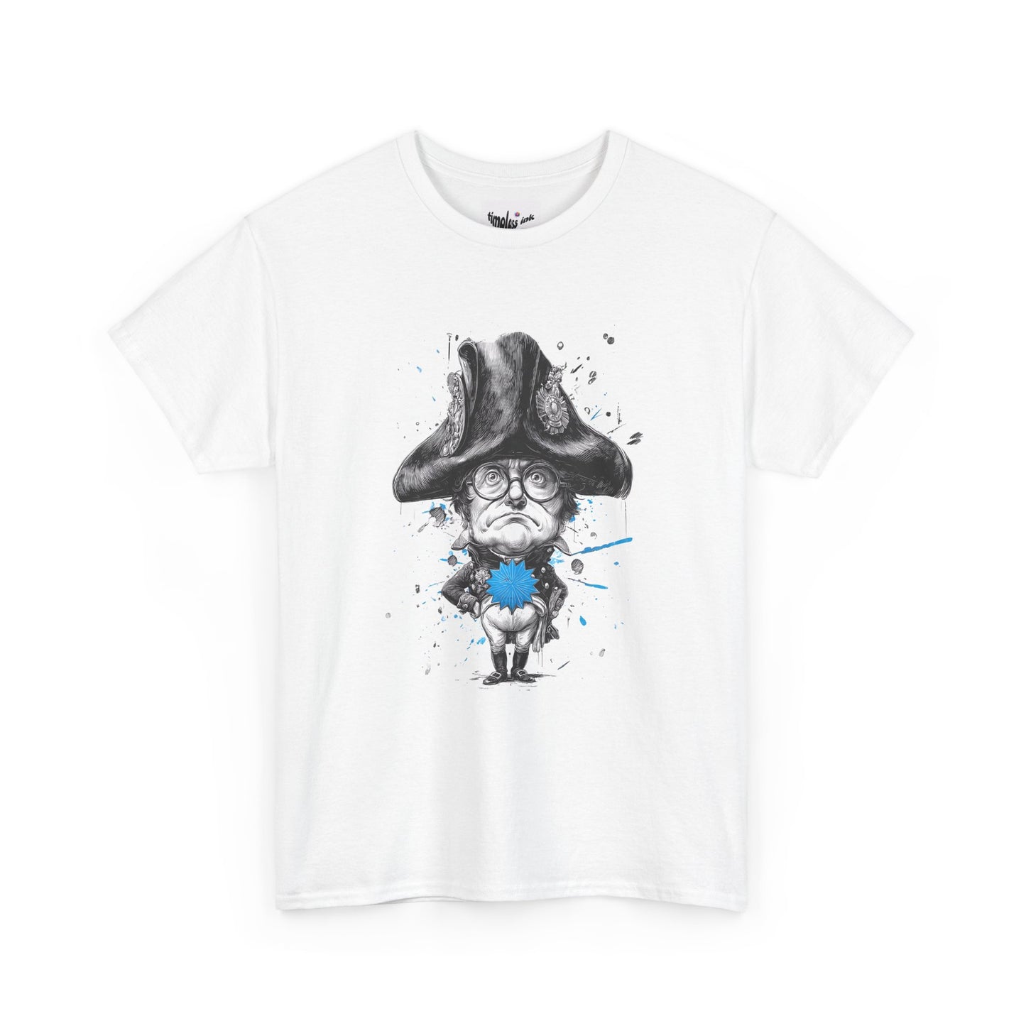 White t-shirt with a graphic design of a character wearing a large hat and holding a blue object on a white background.