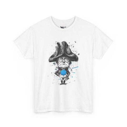 White t-shirt with a graphic design of a character wearing a large hat and holding a blue object on a white background.