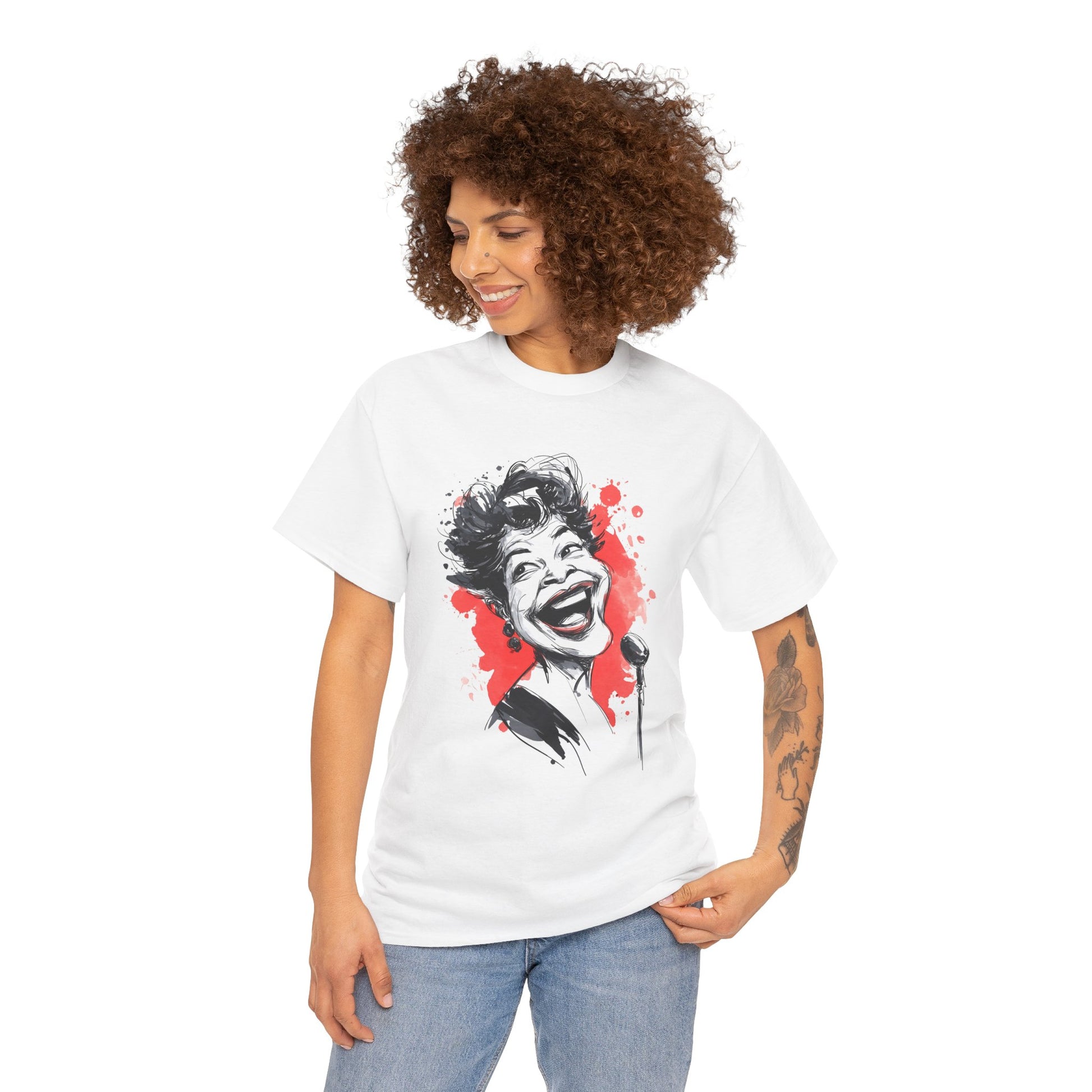 Woman wearing a white t-shirt with a graphic design on a white background