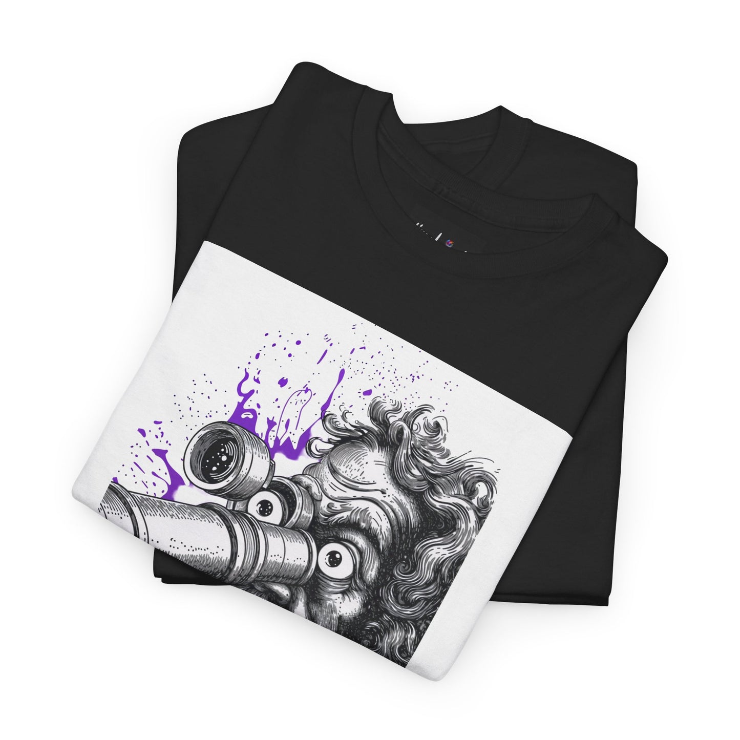Black t-shirt with a graphic design of a creature with goggles and purple splashes on a white background