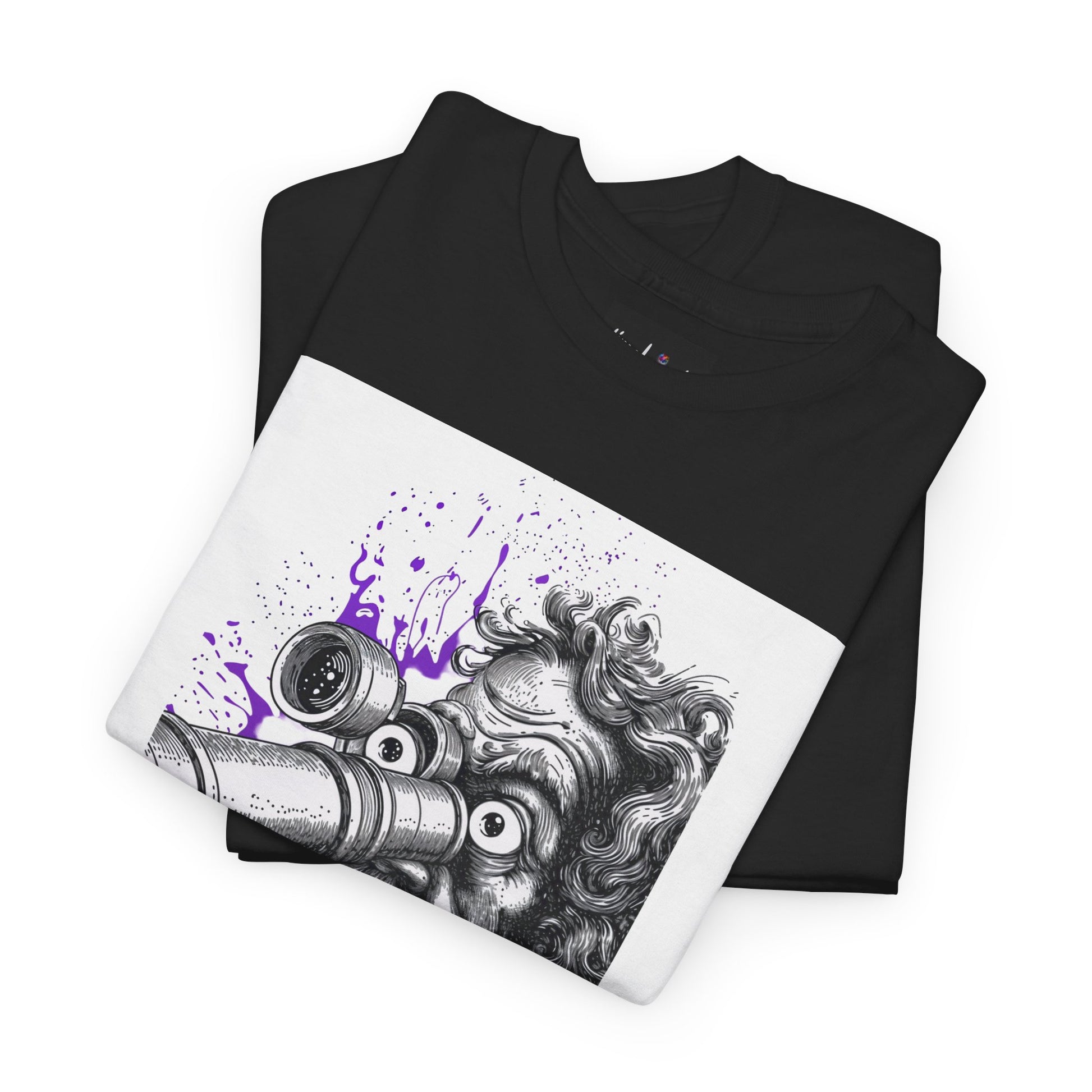 Black t-shirt with a graphic design of a creature with goggles and purple splashes on a white background