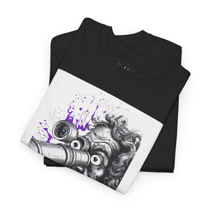 Black t-shirt with a graphic design of a creature with goggles and purple splashes on a white background