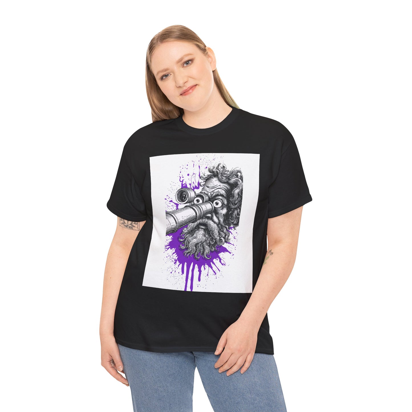 Person wearing a black t-shirt with a graphic design on a white background