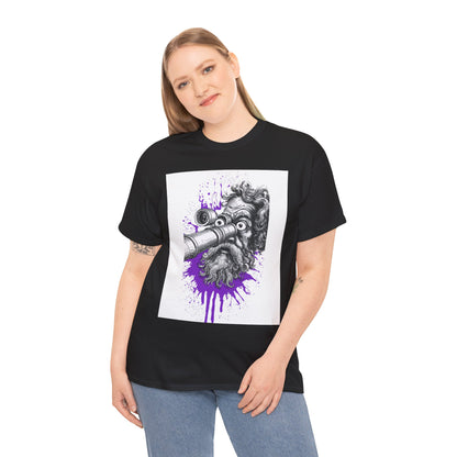 Person wearing a black t-shirt with a graphic design on a white background