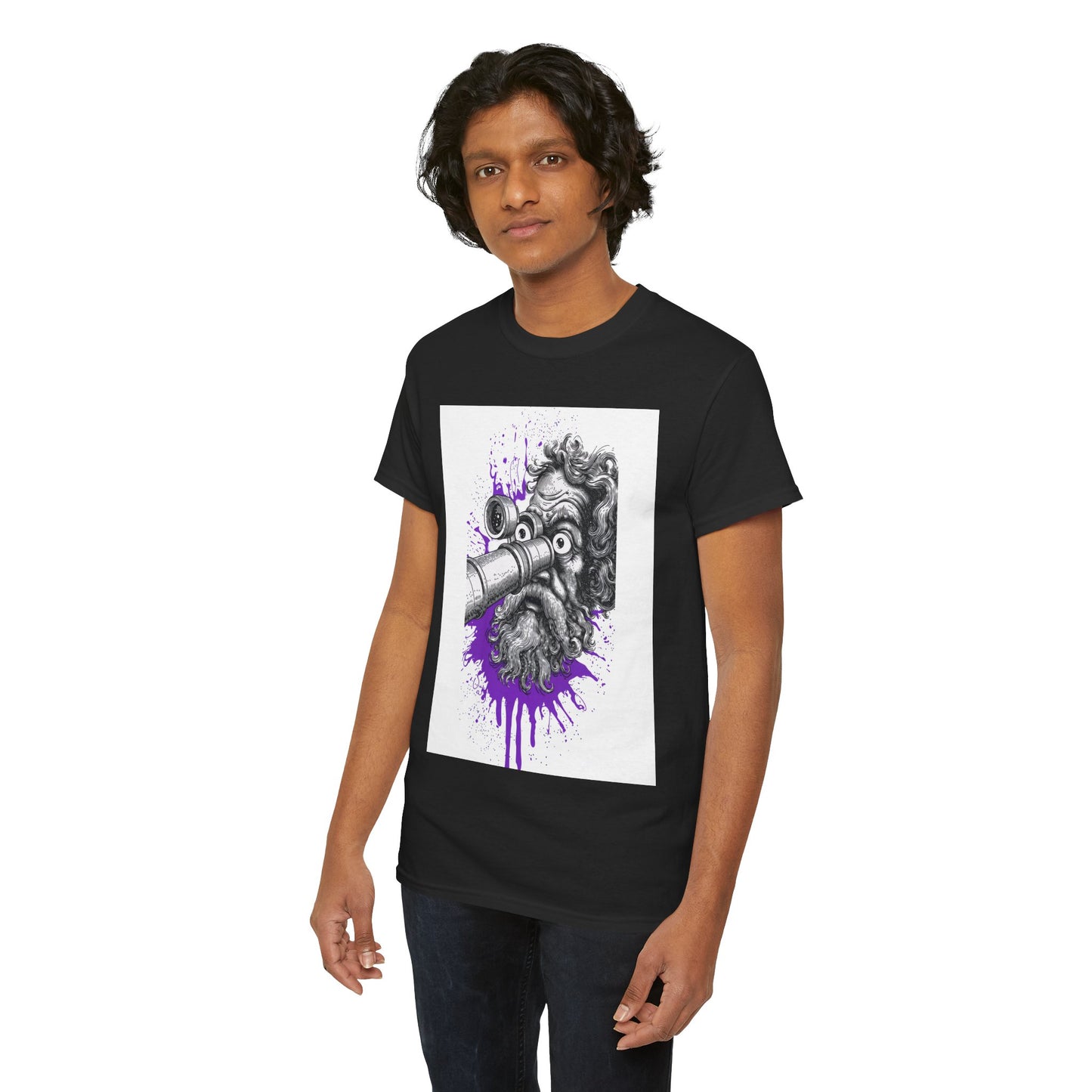 Person wearing a black t-shirt with a graphic design on a white background