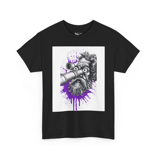 Black t-shirt with a graphic design of a creature with a gas mask and purple accents on a white background