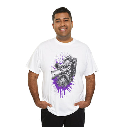 Man wearing a white t-shirt with a graphic design on a white background
