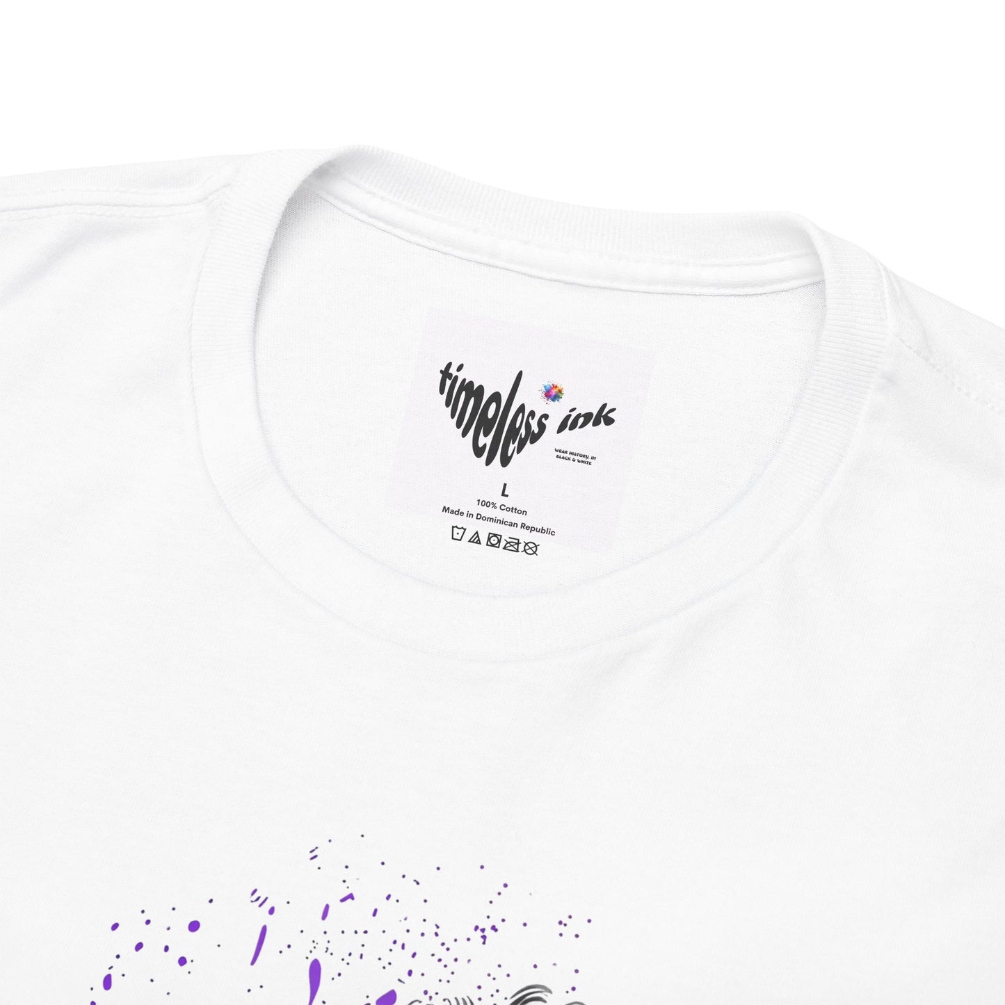 White t-shirt with 'timeless ink' logo and colorful design on a white background
