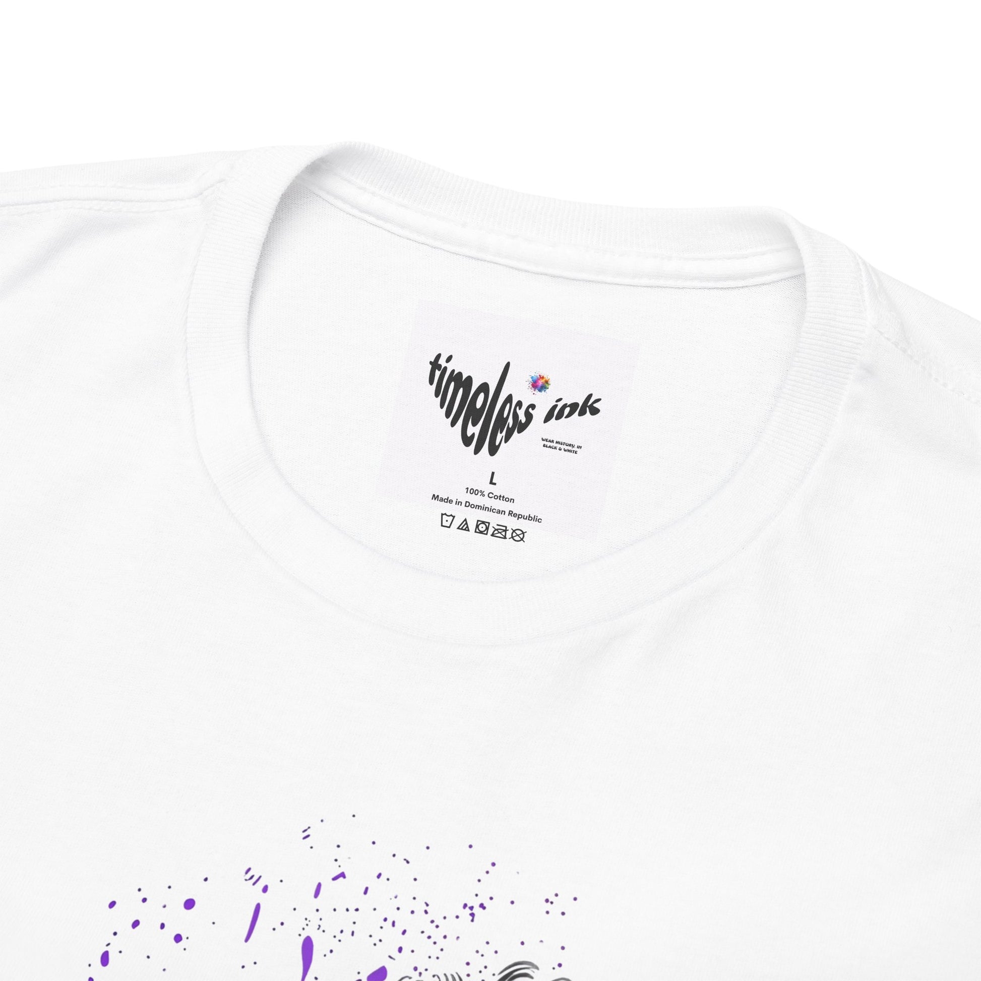 White t-shirt with 'timeless ink' logo and colorful design on a white background