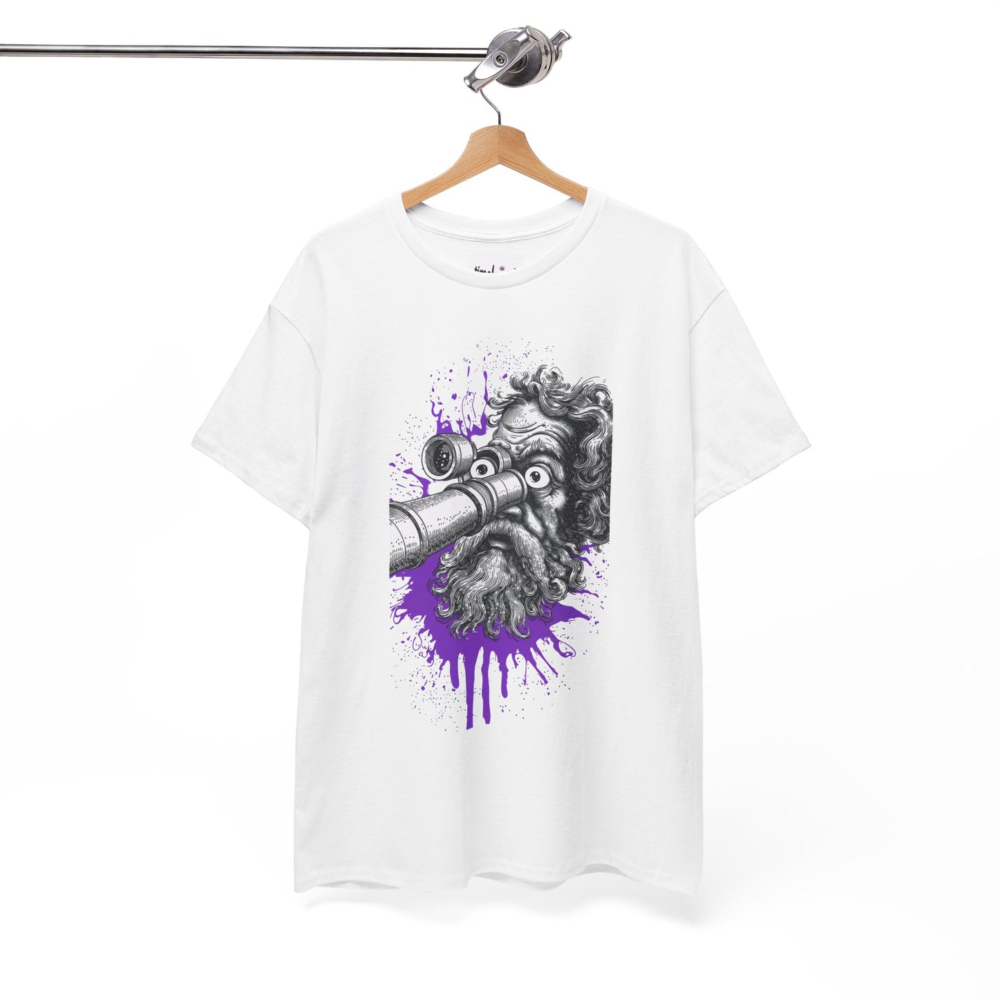 White t-shirt with a graphic design of an octopus and pipes on a hanger against a white background