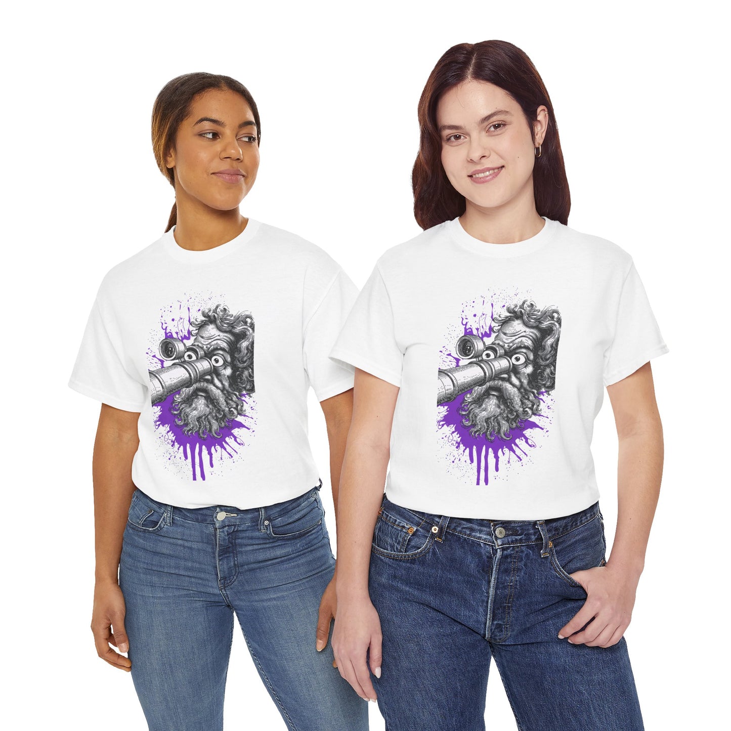 Two people wearing white t-shirts with a graphic design on a white background