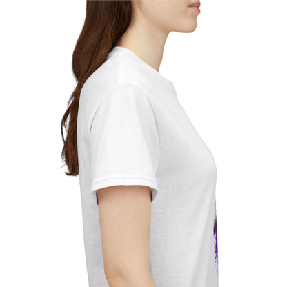 Person wearing a white t-shirt with a logo on a plain background