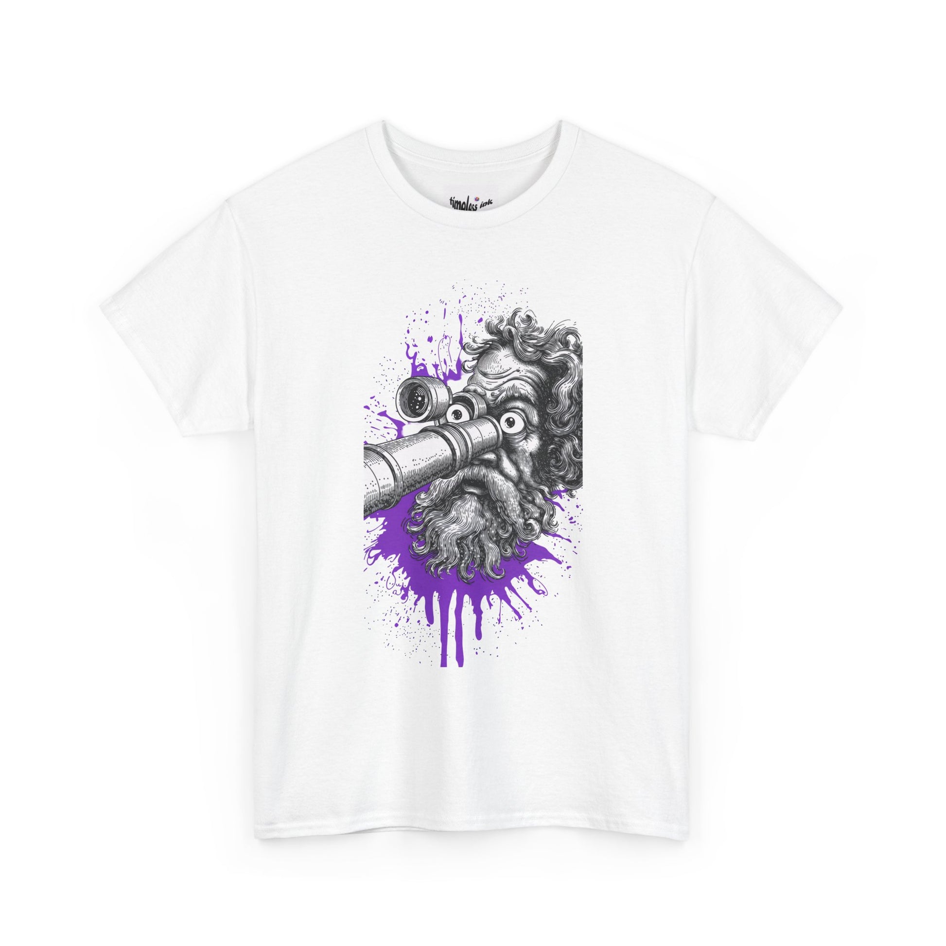 White t-shirt with a graphic design of a creature with a pipe and purple splashes on a white background