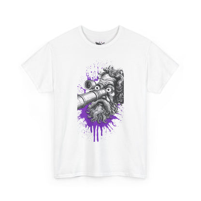 White t-shirt with a graphic design of a creature with a pipe and purple splashes on a white background