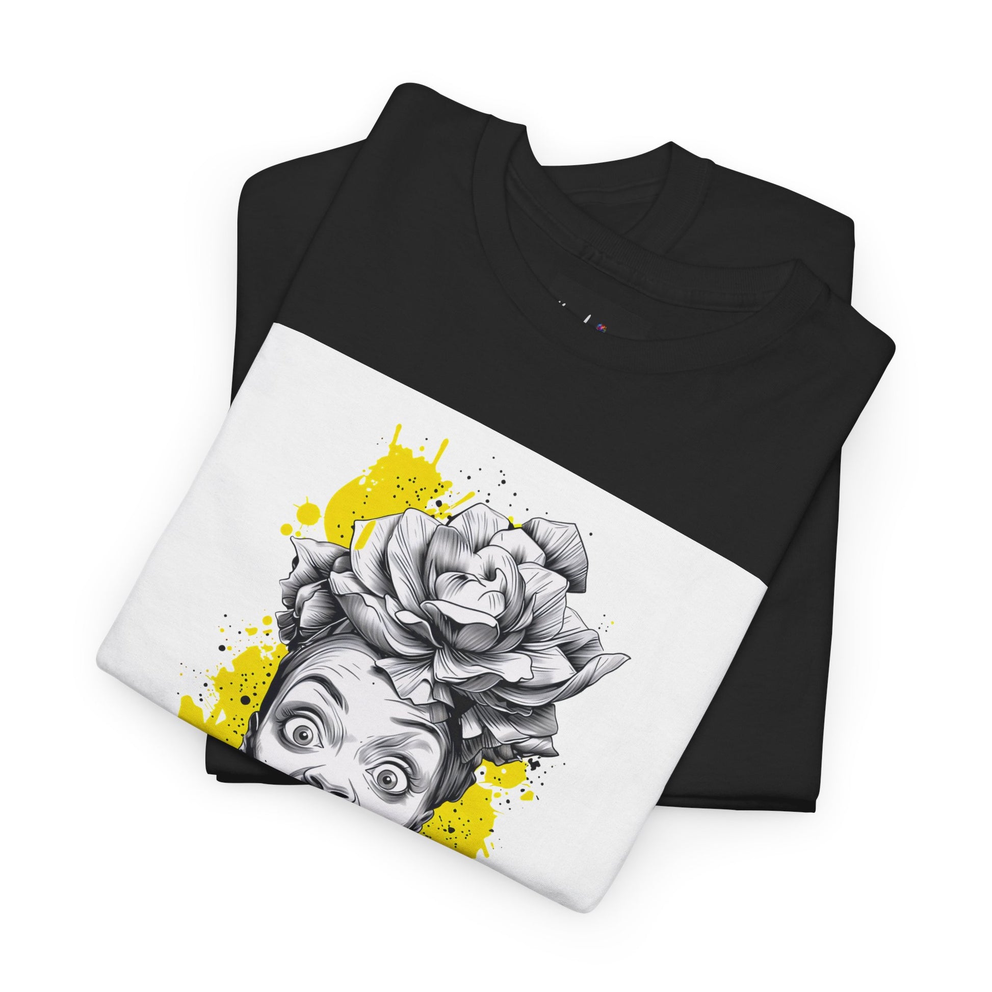 Black t-shirt with a white graphic design of a face with flowers on a white background