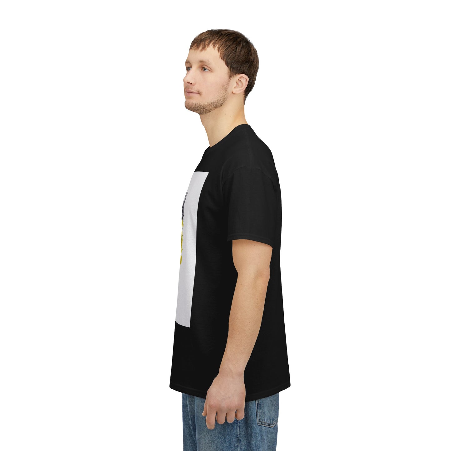 Man wearing a black t-shirt with a white panel on a white background
