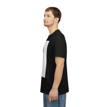 Man wearing a black t-shirt with a white panel on a white background