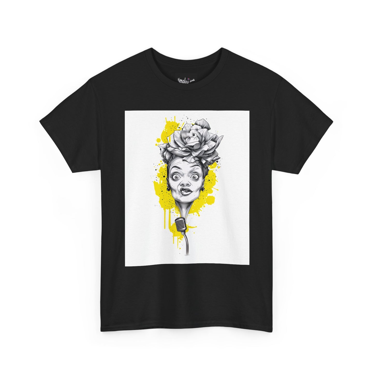 Black t-shirt with a graphic design of a woman's face with flowers and a microphone on a white background.