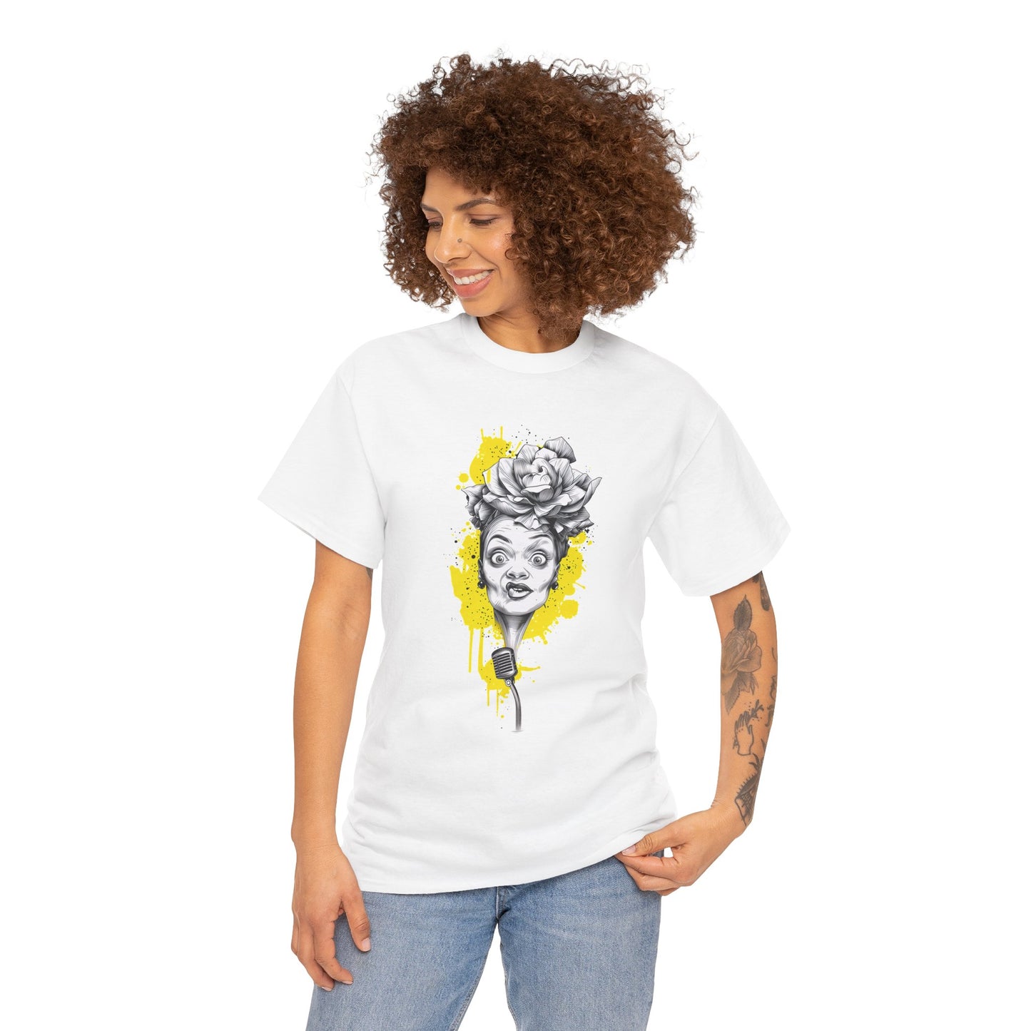 Woman wearing a white t-shirt with a graphic design on a white background
