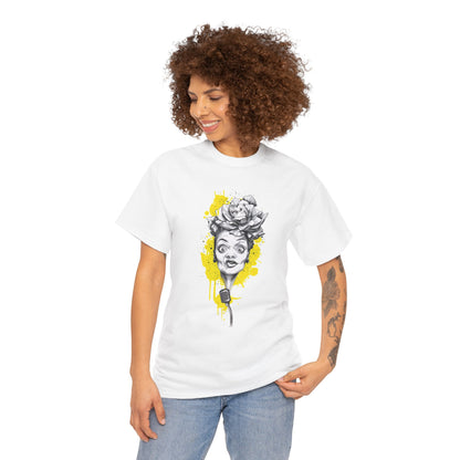 Woman wearing a white t-shirt with a graphic design on a white background