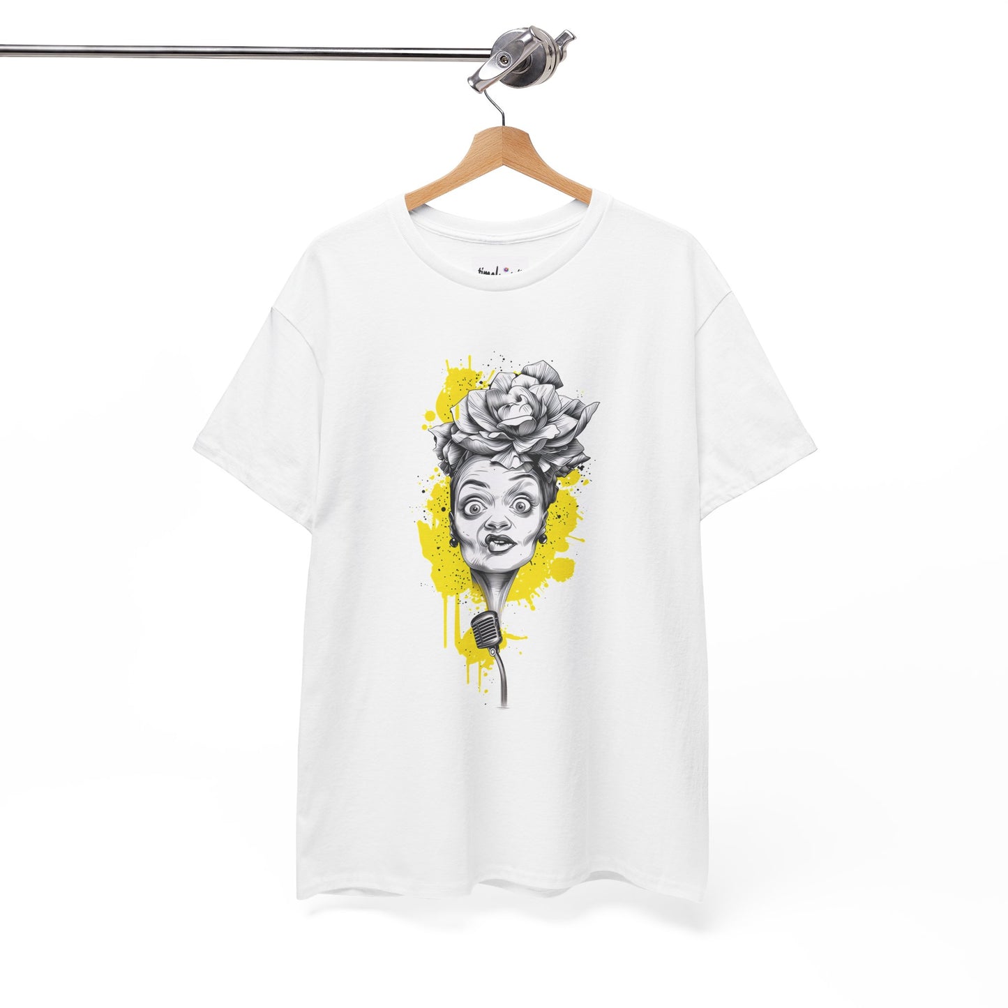White t-shirt with graphic design of a woman's face and microphone on a hanger against a white background