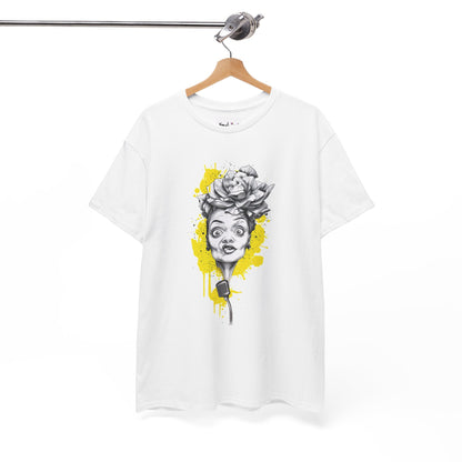 White t-shirt with graphic design of a woman's face and microphone on a hanger against a white background