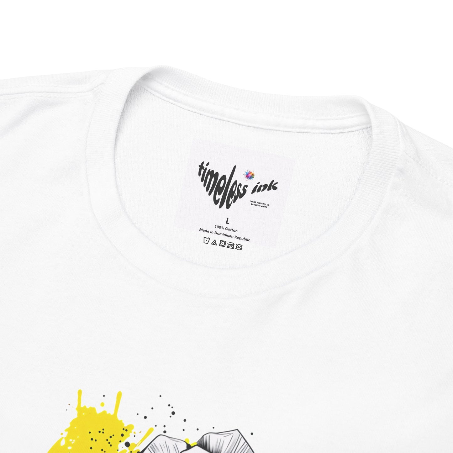 White t-shirt with 'timeless ink' logo and yellow design on a white background