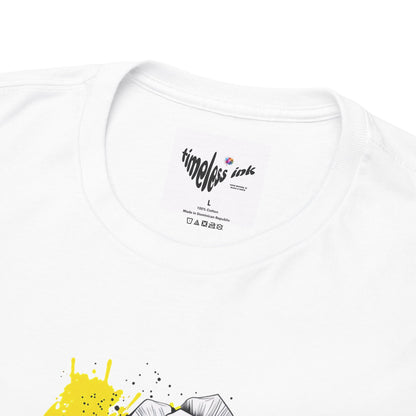 White t-shirt with 'timeless ink' logo and yellow design on a white background