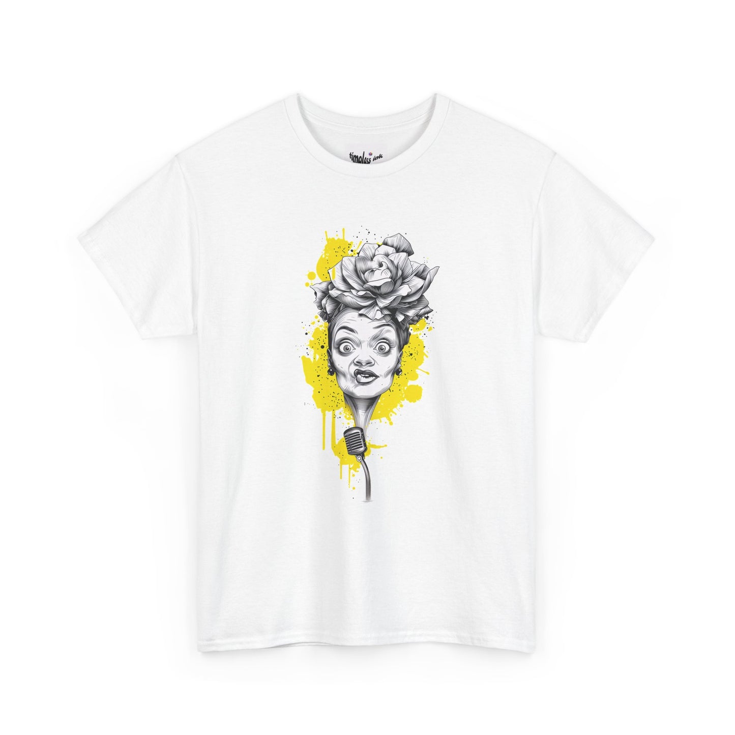 White t-shirt with a graphic design of a face with flowers and a microphone on a white background