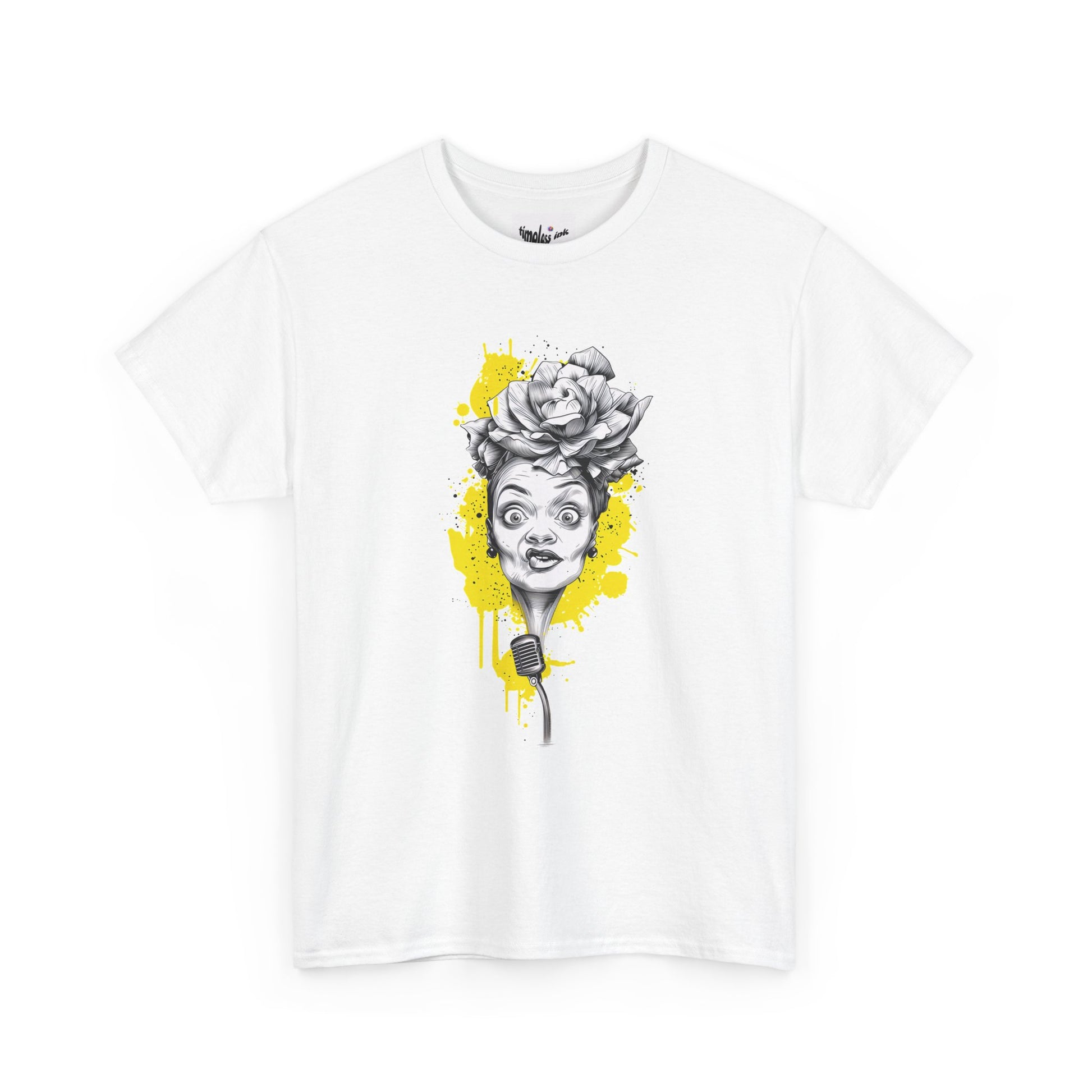White t-shirt with a graphic design of a face with flowers and a microphone on a white background