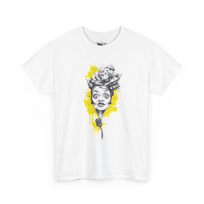 White t-shirt with a graphic design of a face with flowers and a microphone on a white background