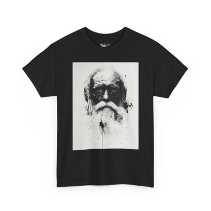 Black t-shirt with a graphic of a bearded man's face on a white background