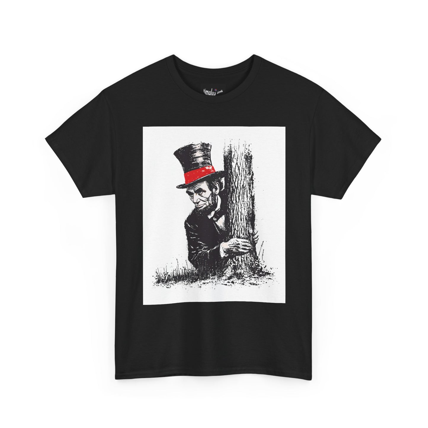 Black t-shirt with a graphic of a person in a top hat hiding behind a tree on a white background