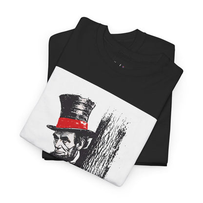 Black t-shirt with a graphic of a historical figure wearing a top hat on a white background