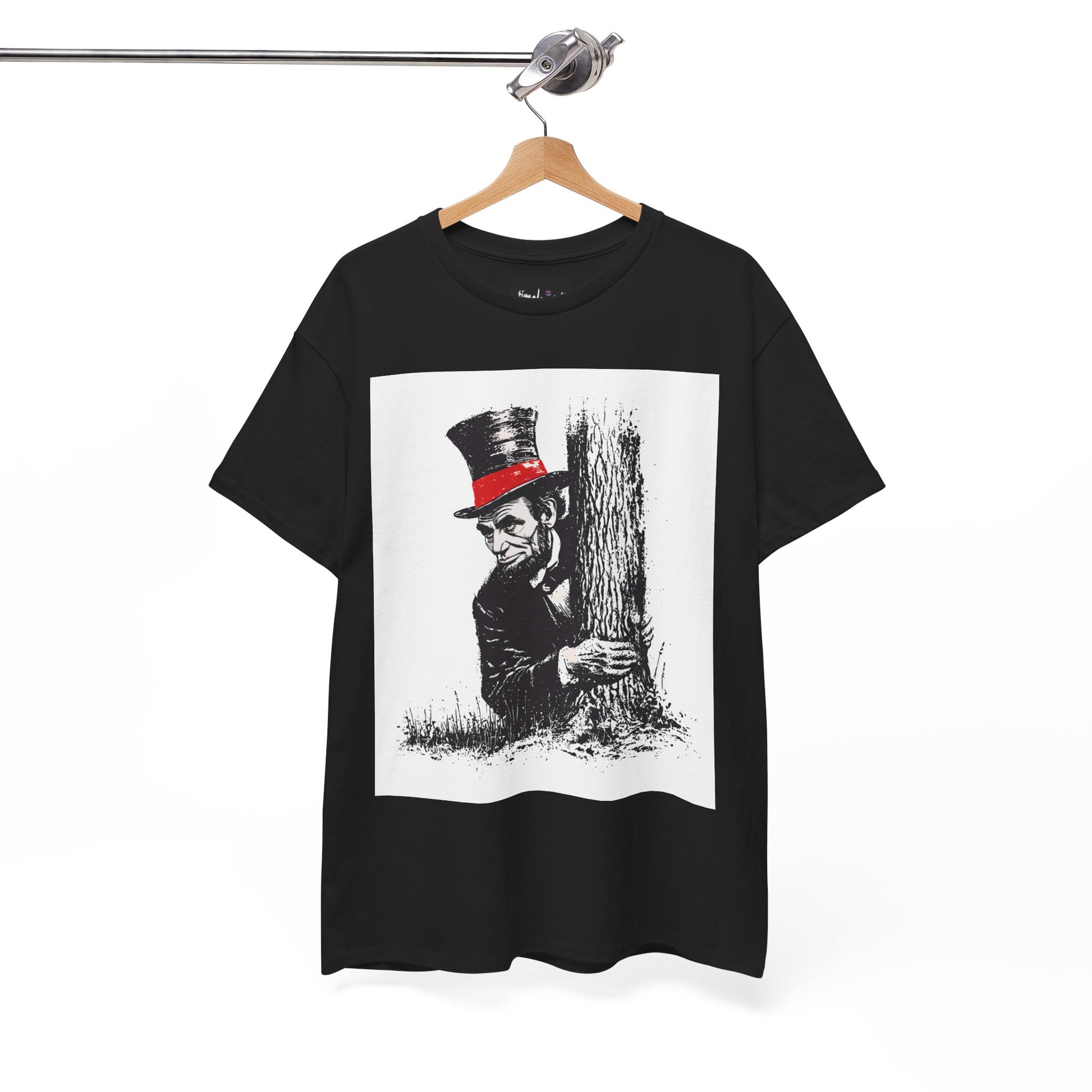 Black t-shirt with a graphic of a person in a top hat hugging a tree on a white background