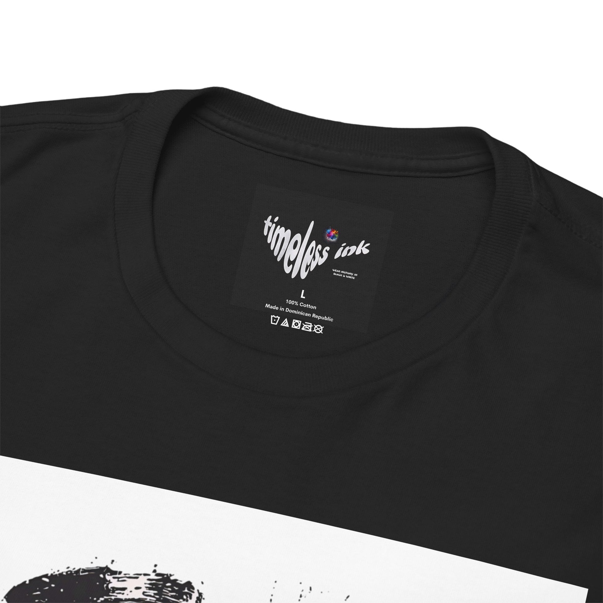 Black t-shirt with 'timeless ink' label on a white background