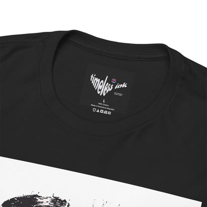 Black t-shirt with 'timeless ink' label on a white background