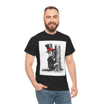 Man wearing a black t-shirt with a graphic design of a person in a top hat.