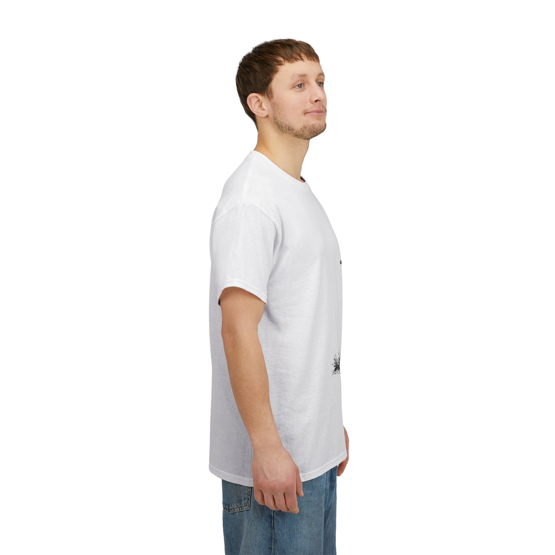 Man wearing a white t-shirt with a small logo on a white background