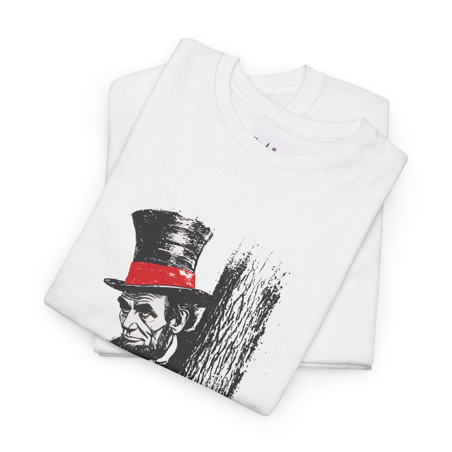 White t-shirt with a graphic of a person wearing a top hat on a white background