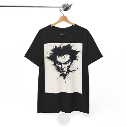 Black t-shirt with a graphic design of a face on a hanger against a white background