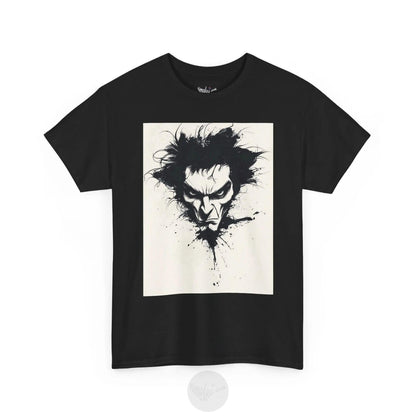 Black t-shirt with a graphic design of a face on a white background