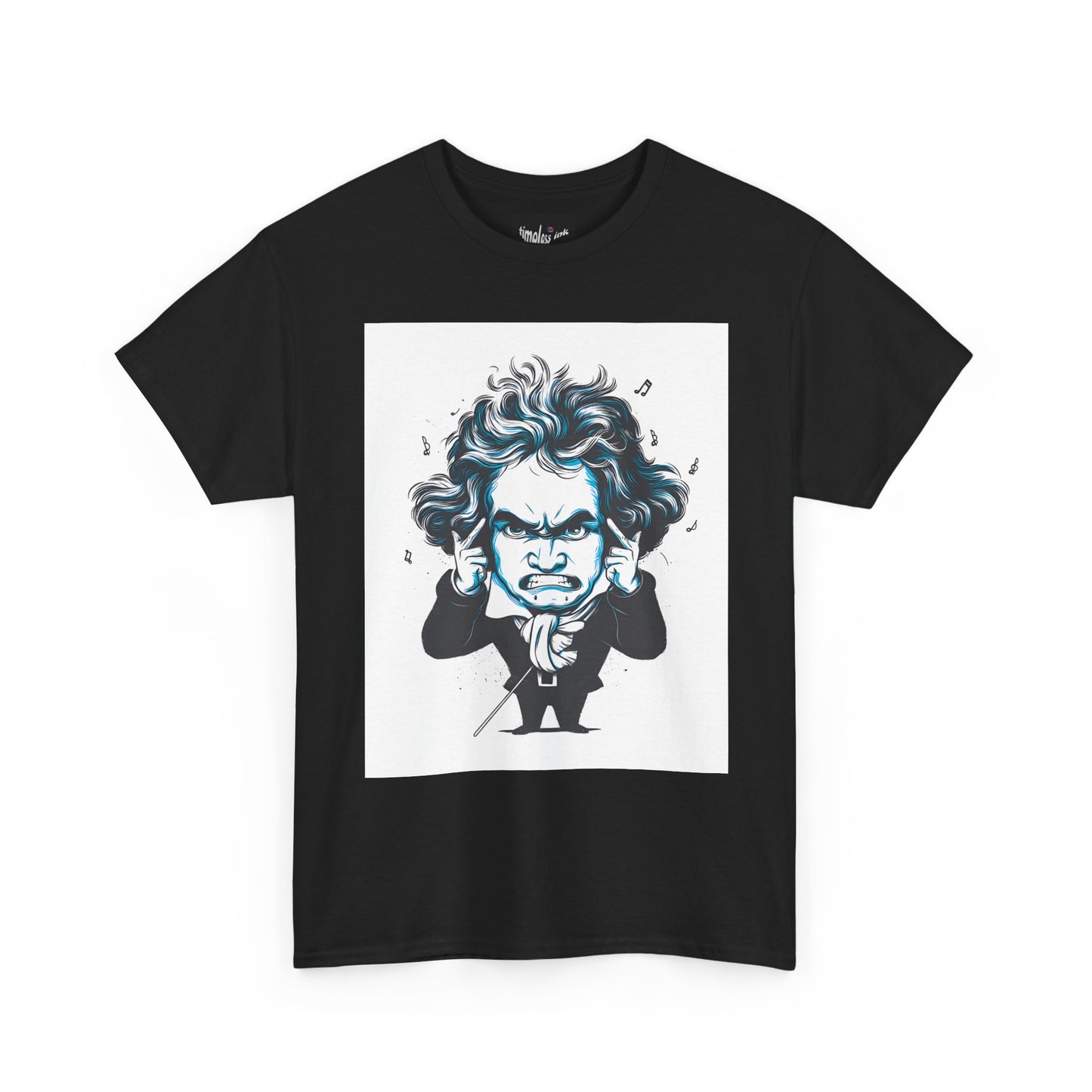 Black t-shirt with a graphic of a famous composer on a white background