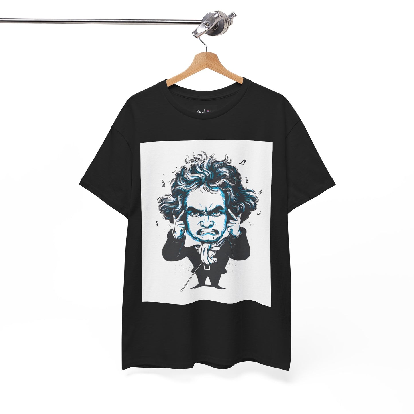 Black t-shirt with a graphic of a famous composer on a hanger against a white background