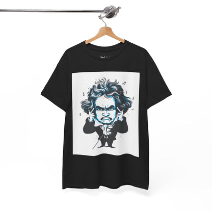 Black t-shirt with a graphic of a famous composer on a hanger against a white background
